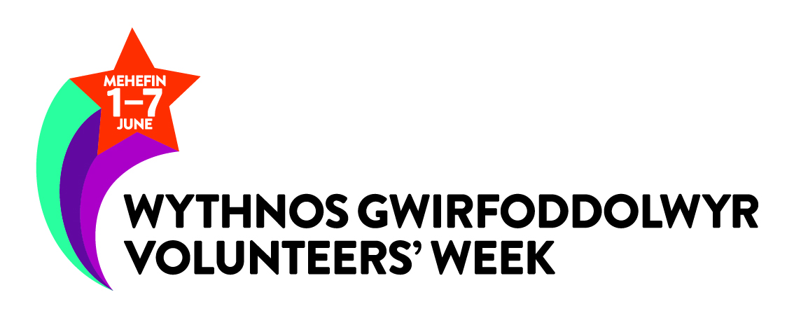 Volunteers Week logo. The text reads 'Wythnos Gwirfoddolwyr', 'Volunteers' Week'. The image is of a multicoloured shooting star, with the date '1-7 June', '1-7 Mehefin'