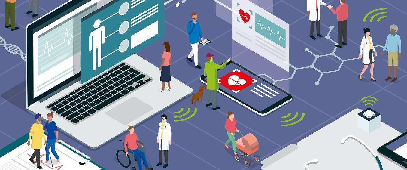 A futuristic cartoon graphic image. The image features people in an environment with various oversized technology such a laptop, a phone and Wi-Fi symbols. 