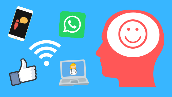 A graphic image of six icons. There is a phone with a small graphic of a person next to a speech bubble, a Facebook 'Like' symbol, a Wi-Fi symbol, the WhatsApp logo, a laptop with an image of a doctor, and a side profile of a human head with a smiley face icon where the brain should be.