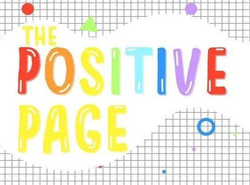 The logo of Positive Page. The text reads 'THE POSITIVE PAGE' and is overlaid on a gridded background of small squares. On top of the small squares there are multicoloured circles. On top of both is a white squiggle with the 'THE POSITVE PAGE' text overlaid.