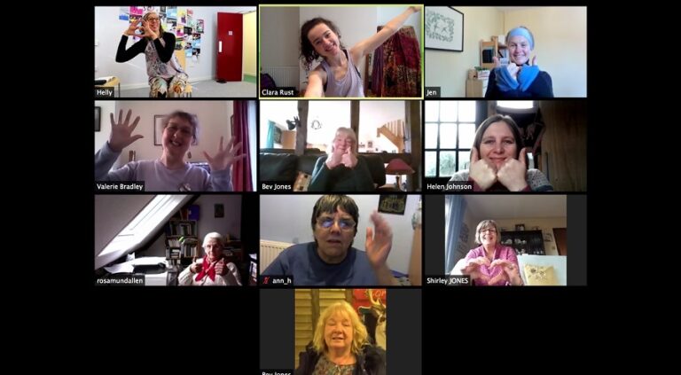 A screenshot of PAVO befriending volunteers on zoom call. There are ten attendees on the call, many are waving at the camera.
