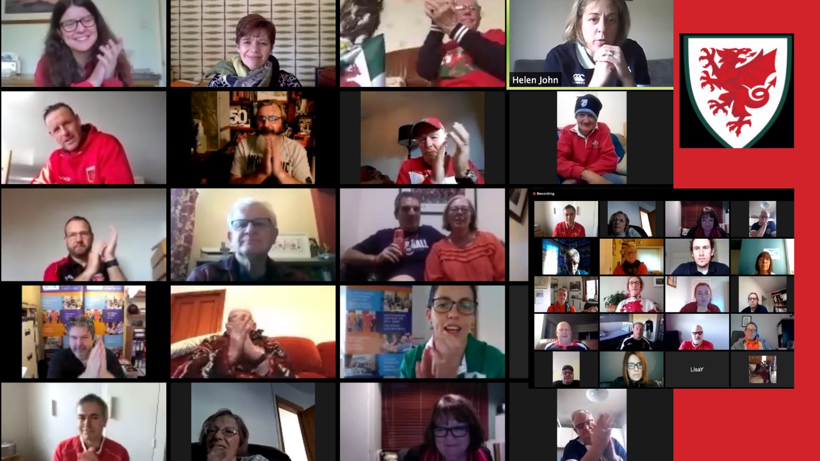 A screen shot of a 'sporting memories get together' Zoom video call. The Welsh football bage features in the top right hand corner and there are around 40 people on the call.