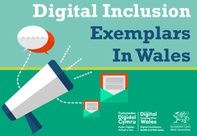 Digital Communities Wales 'Digital Inclusion Exemplars in Wales' promotional banner. The image is of a megaphone surrounded by documents and speech bubbles.