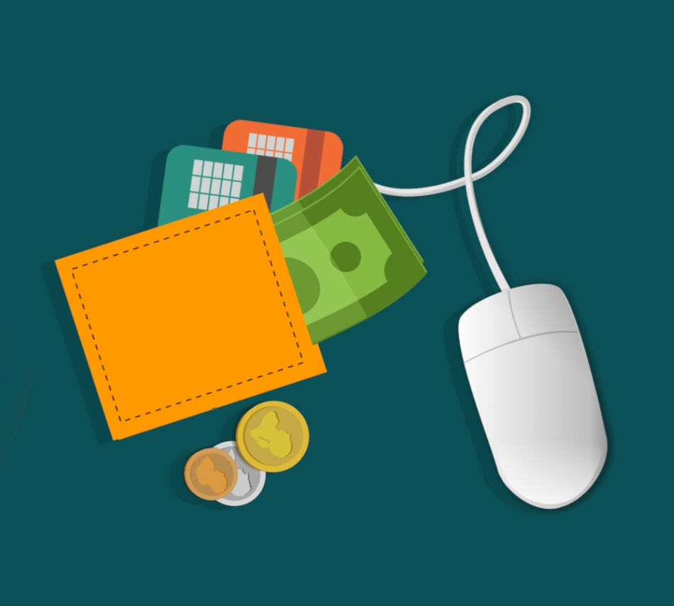 A graphic image of a wallet. Spilling out of the wallet are two bank cards, a note, three coins and a computer mouse.