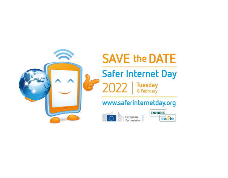 A promotional banner promoting Safer Internet Day 2022. The text reads 'SAVE the DATE, Safer Internet Day 2022, Thursday 8 February, www.saferinternetday.org'. To the right of the image is the Safer Internet Day logo, a cartoon of a tablet device holding a globe. The cartoon tablet has a smiley face in the screen, the Wi-Fi logo coming out of top, feet, and is pointing at the wording.