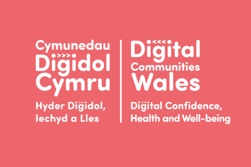 An image of the DCW logo in white on a red background. It reads 'Cymunedau Digidol Cymru, Hyder Digidol, Iechyd a Lles', 'Digital Communities Wales, Digital Confidence, Health and Well-being'.