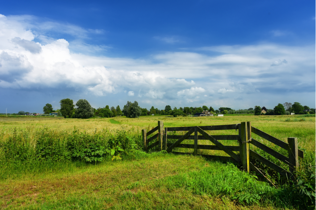 A photograph of rural scenery featuring a gate