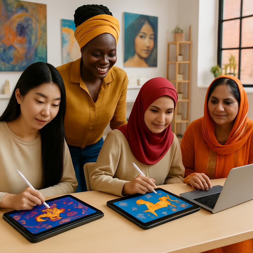 Four women from ethnically diverse backgrounds work together on a digital art project using a tablet